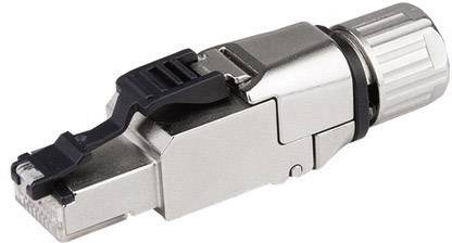 Connettore RJ45 metallico, cat6a, schermato, con scarico di trazione, idoneo per cablaggio di rete.