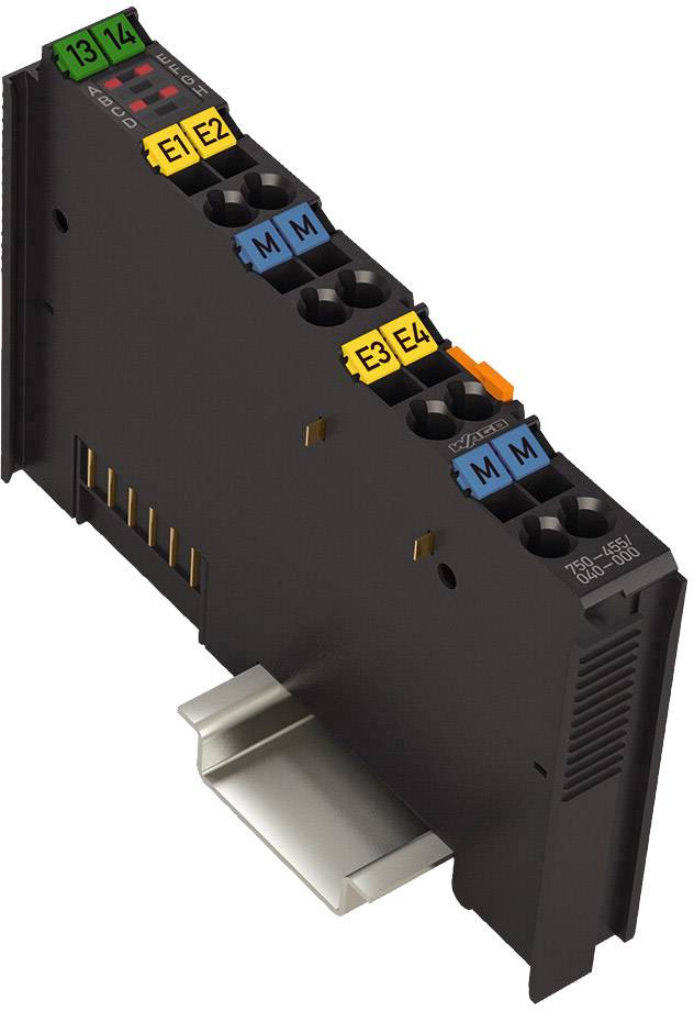 Morsetto 'WAGO' con moduli di connessione multicolore su una guida DIN, per la connessione elettrica e l'integrazione di controllo.