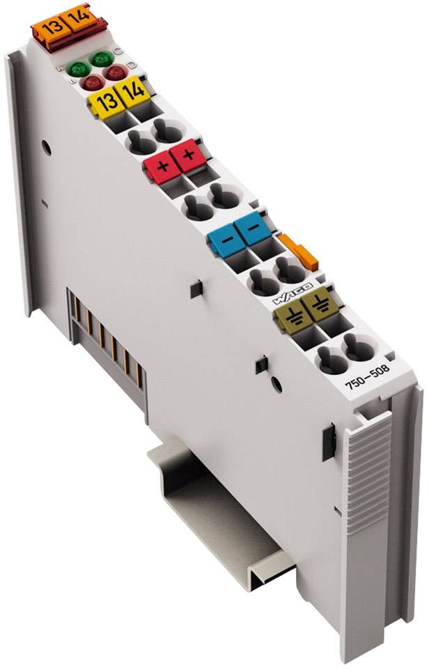 Componente elettronica compatta grigia di controllo con diversi connettori colorati e etichette, idonea per il montaggio su quadro elettrico.