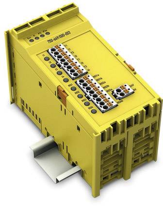 Modulo elettronico giallo con più slot e connettori, probabilmente parte di un sistema di controllo industriale.