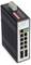 Uno switch Ethernet con otto porte e due slot SFP, idoneo per reti industriali, con un alloggiamento robusto di colore nero.