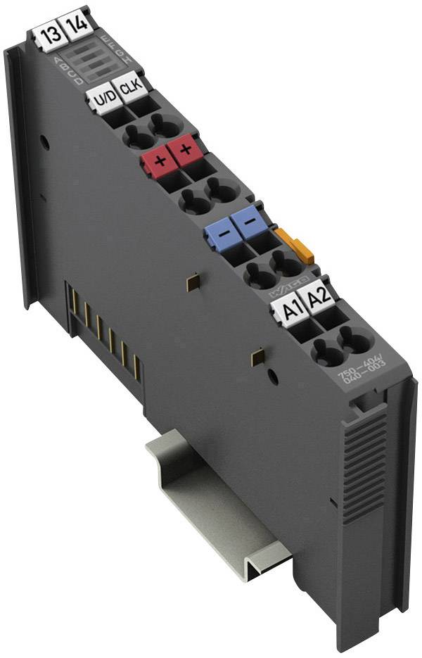 Modulo industriale per montaggio su guida DIN, con molteplici ingressi e uscite, connettori contrassegnati da colori sulla parte superiore.