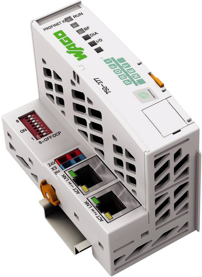 Dispositivo di controllo industriale in bianco, con diversi attacchi e LED. Testo 'Profinet IO' e 'WAGO'.