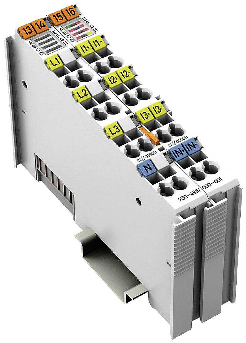 Un modulo di connessione elettrico con più connettori codificati a colori e etichette per diversi tipi di cavi e correnti.