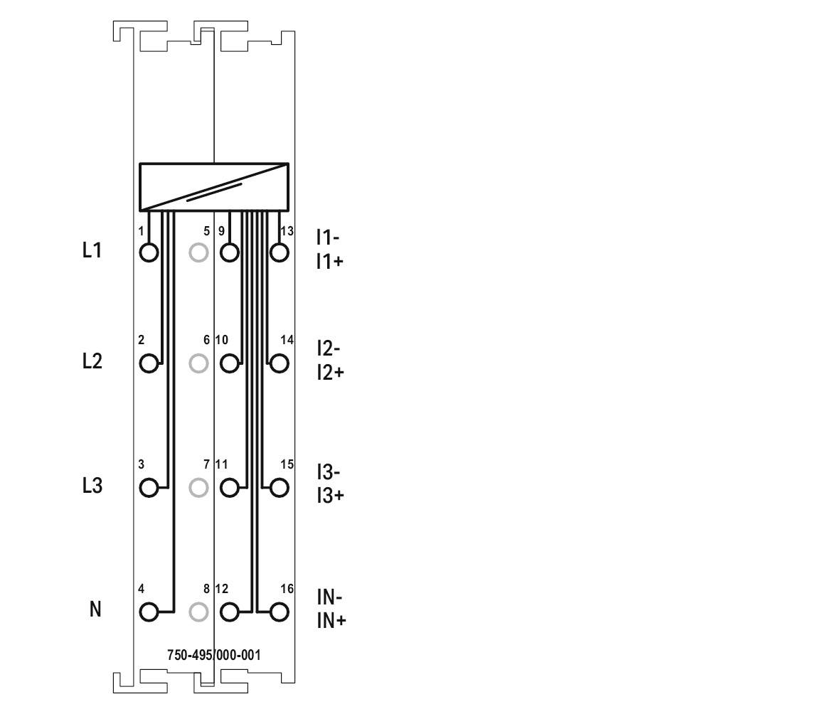 Diagramma di un modulo di connessione a 4 poli con morsetti contrassegnati: L1, L2, L3, N e gli ingressi I1+, I2+, I3+, IN+.