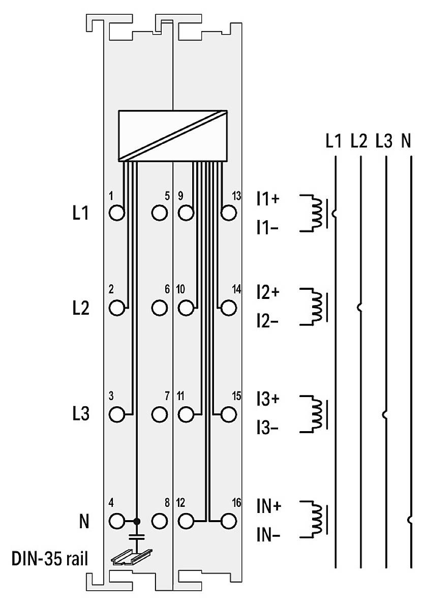 Diagramma di un circuito di un contatore elettrico, mostra gli ingressi L1, L2, L3, N e i morsetti I1+, I1-, I2+, I2-, I3+, I3-, IN+, IN-.