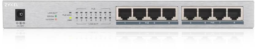 Un switch di rete Zyxel con otto porte Ethernet e spie LED per stato e attività.