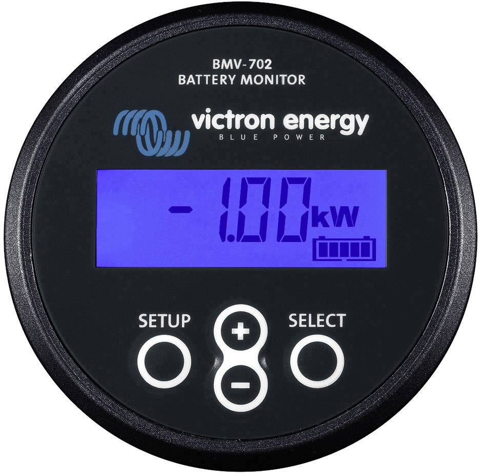 Monitor batteria nero con display blu che mostra '-1,00 kW'. Simboli inferiori: 'SETUP', '+' e 'SELECT'. Marchio: 'Victron Energy Blue Power'.