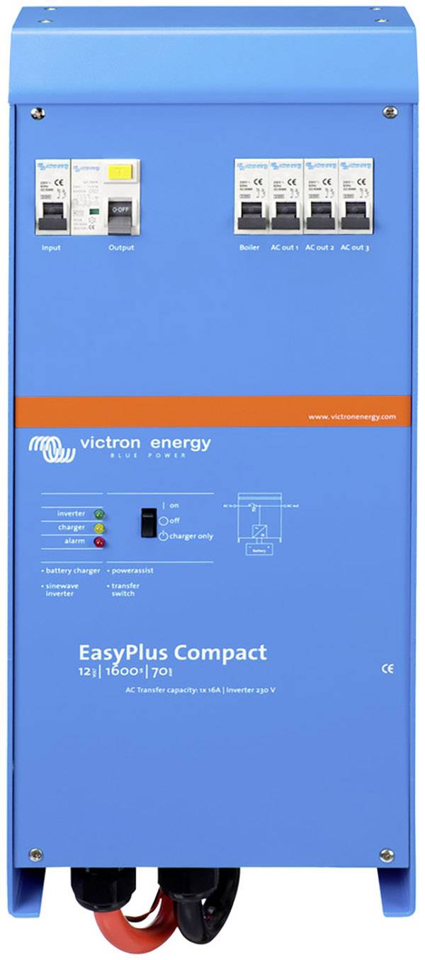 Un inverter Victron Energy EasyPlus Compact blu con indicatori di controllo e interruttori per l'ingresso e l'uscita.