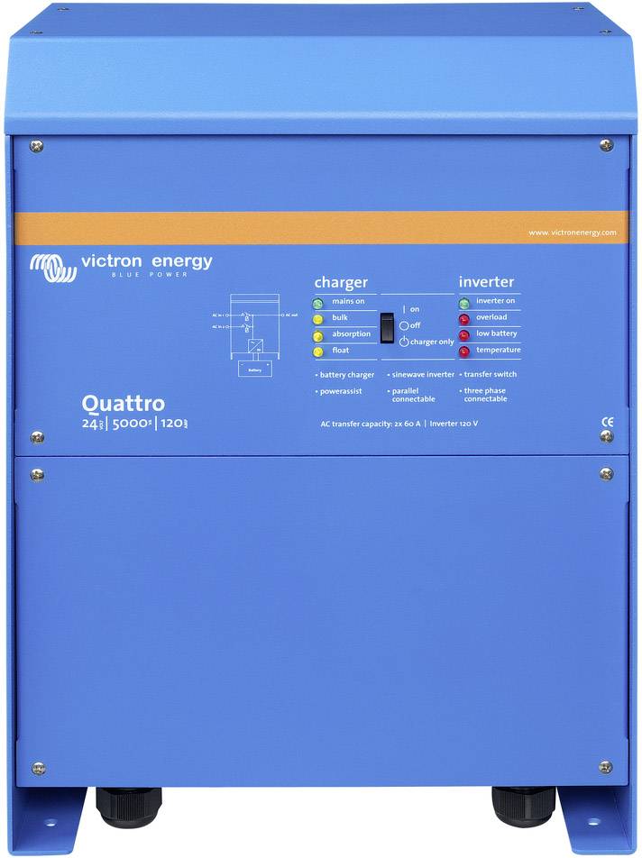 Un inverter Quattro Victron Energy blu con pannello di controllo, spie luminose e interruttori per le funzioni di carica e conversione.
