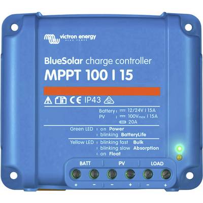 Regolatore di carica solare blu 'BlueSolar MPPT 100 | 15' di Victron Energy mostra specifiche tecniche e indicatori di stato a LED.