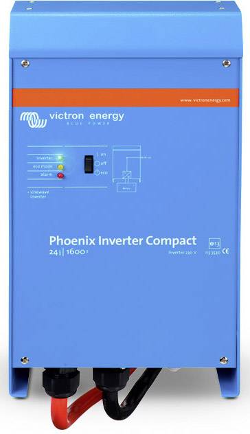 Un inverter blu 'Phoenix Inverter Compact 24/1600' di Victron Energy con indicatori luminosi e connessioni per cavi, idoneo alla conversione di corrente.