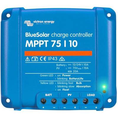 Regolatore di carica solare Blauer con la scritta 'BlueSolar charge controller MPPT 75 I 10'. I LED indicano lo stato di funzionamento.