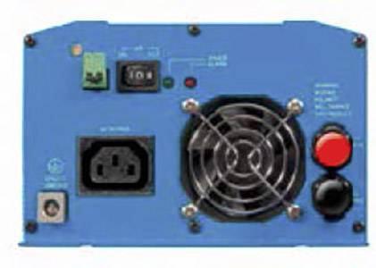 Retro di un dispositivo elettrico blu con ventola, interruttore di accensione, diversi connettori e un pulsante di emergenza rosso.