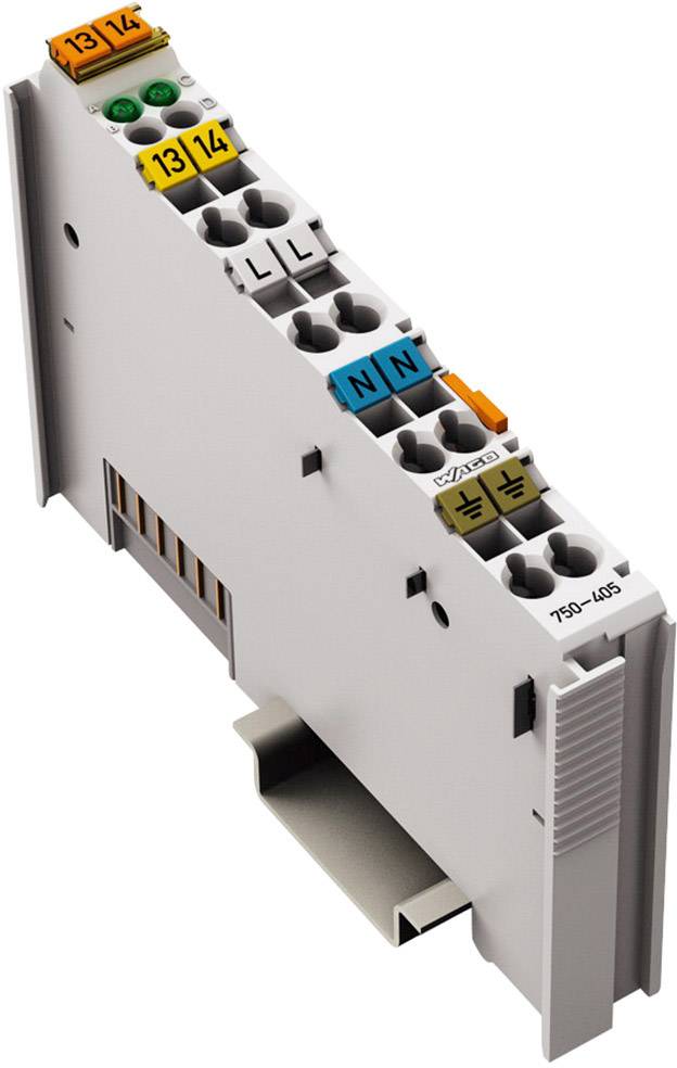 Modulo elettronico con morsetti di collegamento, etichettature codificate a colori. Utilizzato principalmente per connessioni elettriche.