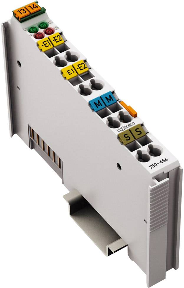 Modulo elettronico con connettori multicolore e etichette 'E1', 'E2', 'M' e 'S'. Progettato per l'installazione in quadro elettrico.