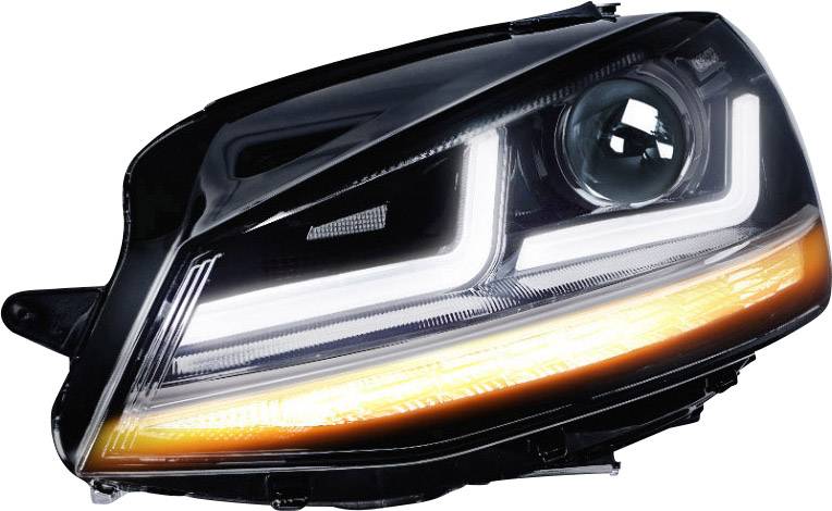 Fari auto con tecnologia LED: Un faro anteriore moderno con luminose strisce di luce bianca a LED e un indicatore di direzione giallo.
