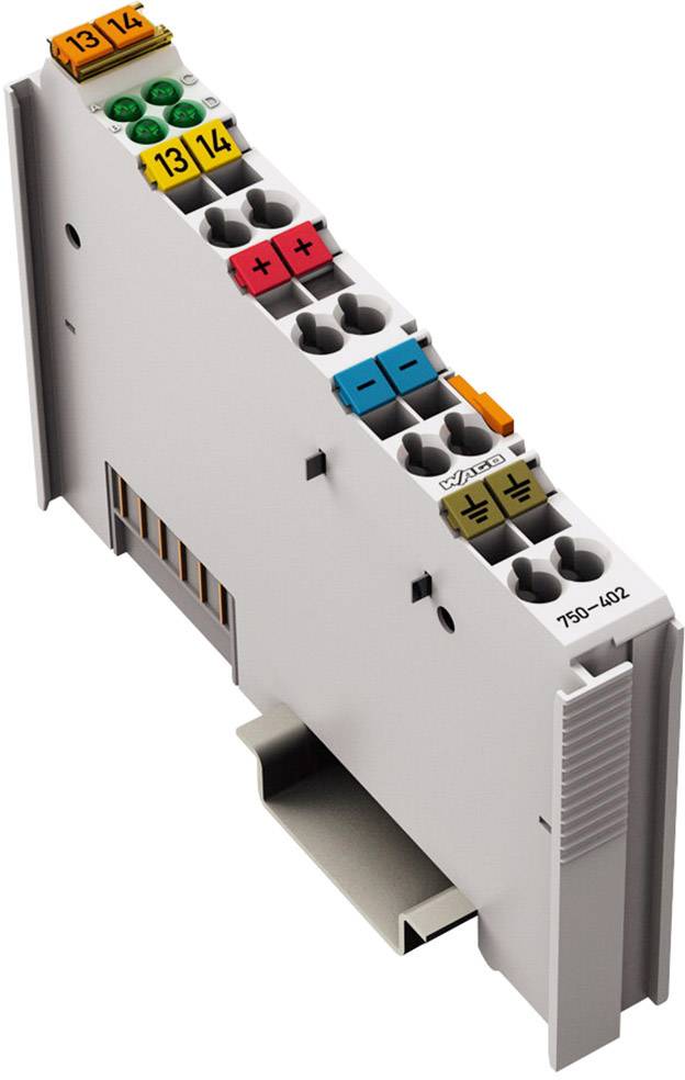 Un componente modulare elettronico grigio con punti di connessione colorati e un meccanismo di scorrimento sul lato inferiore, etichettato come '750-402'.