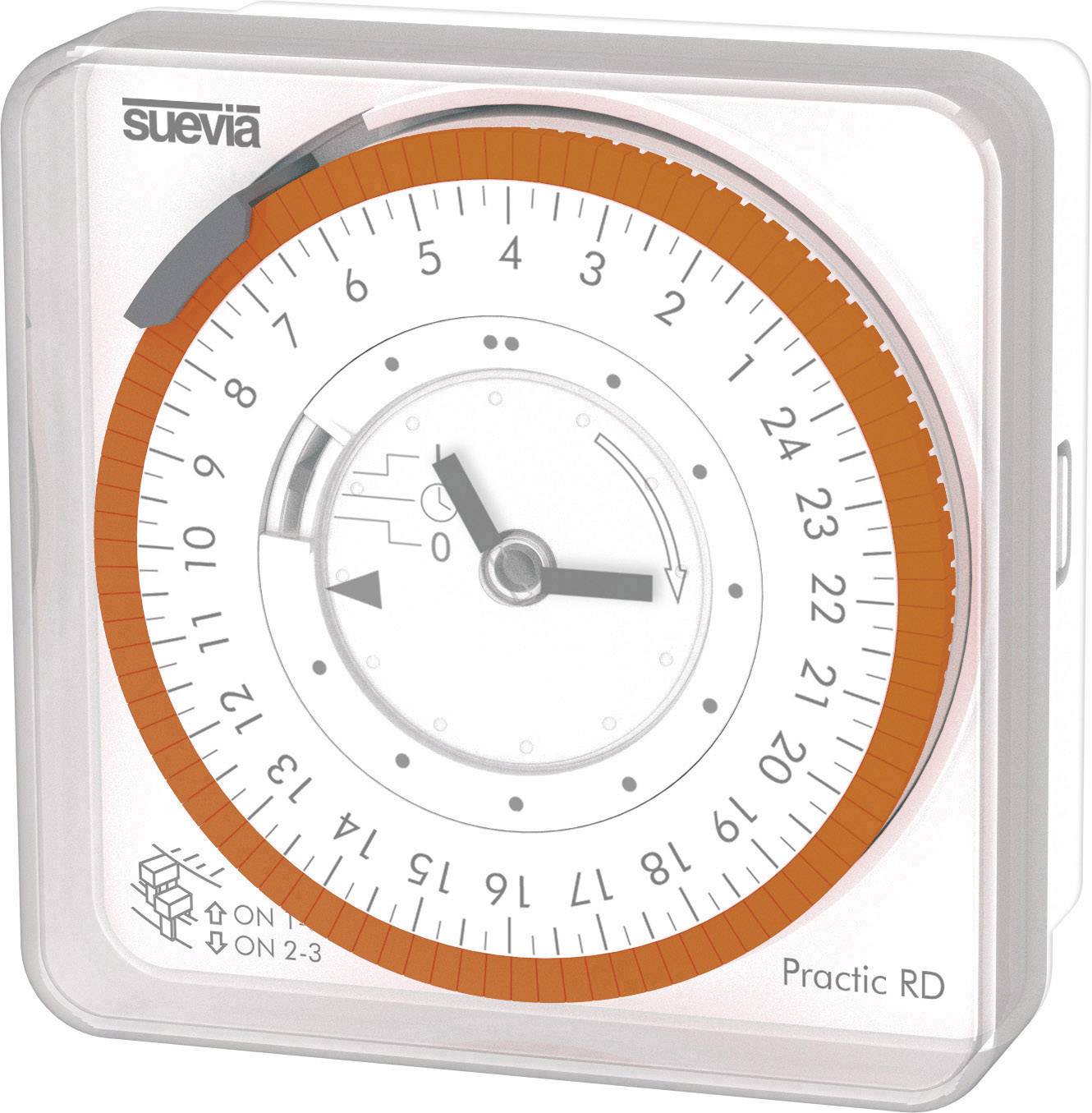 Orologio temporizzatore con anelli bianchi e arancioni, che indica l'ora da 1 a 24, con il nome del marchio 'suevia' in alto a sinistra.
