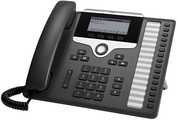 Un telefono da ufficio nero con un display digitale che mostra tastiera numerica, altoparlante e tasti di chiamata rapida.