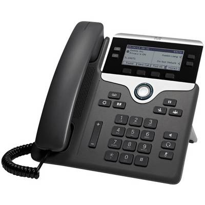 Un telefono da ufficio moderno con tastiera e display, che mostra chiamate, messaggi e contatti. A sinistra un ricevitore telefonico.