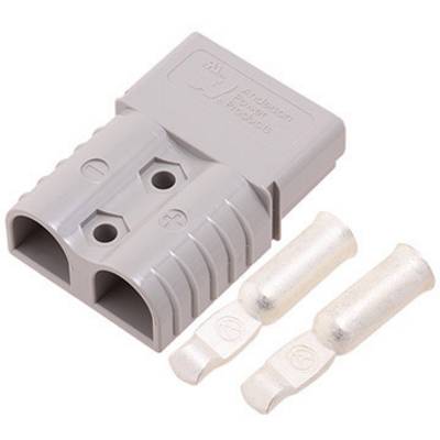 'Connettore elettronico grigio con due spine e due contatti a crimpare argentati, idoneo per connessioni elettriche.'