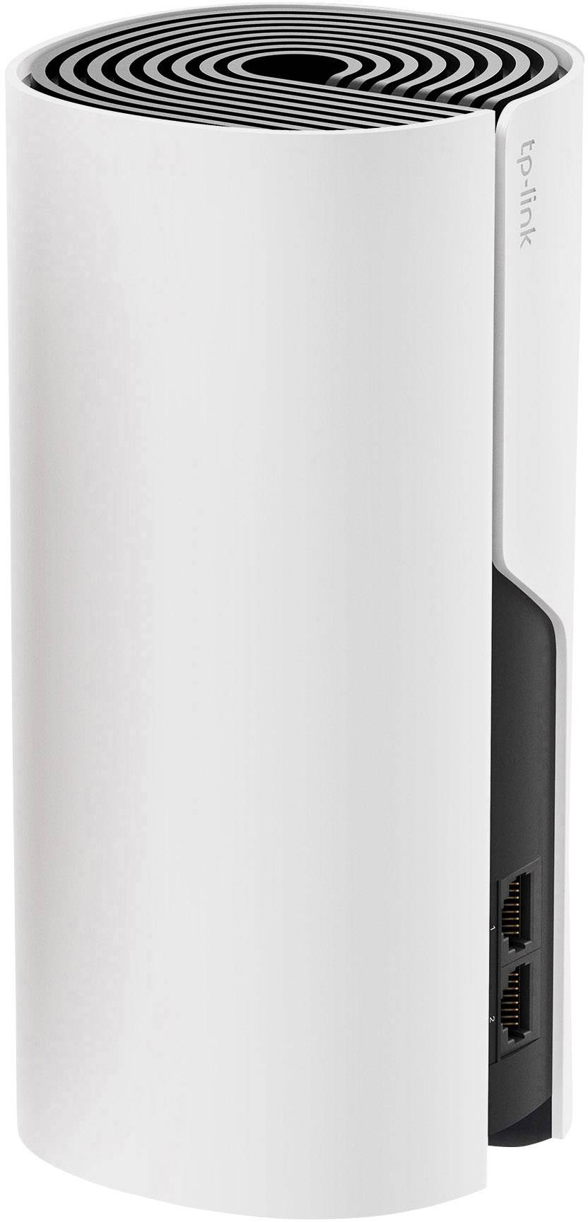 Un dispositivo router bianco e cilindrico con griglia di ventilazione nera in alto e due porte Ethernet sui lati.