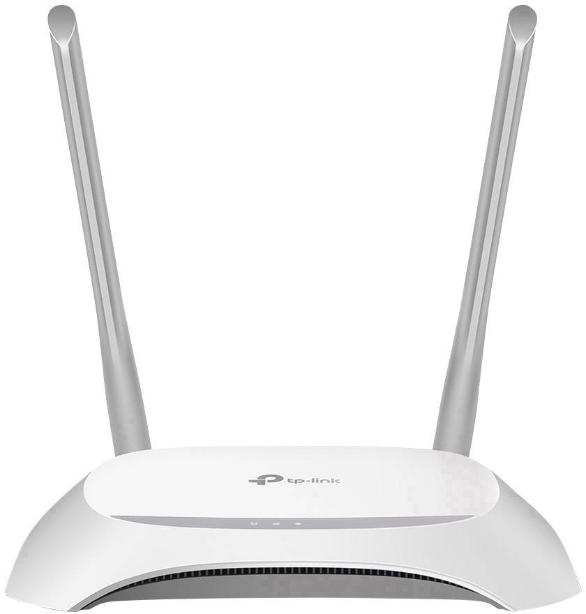 Un router WLAN bianco con due antenne, con il logo del marchio al centro, in posizione verticale. Progettato per la connessione Internet domestica.
