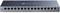 Un switch Ethernet grigio a 16 porte di TP-Link con LED di connessione di rete sopra ciascuna porta, modello TL-SG1016.