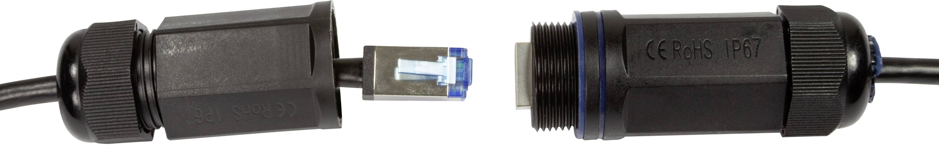 Due spine Ethernet resistenti alle intemperie, una con connettore RJ45 blu, sono poste una di fronte all'altra senza essere collegate. Idonee per installazioni esterne.