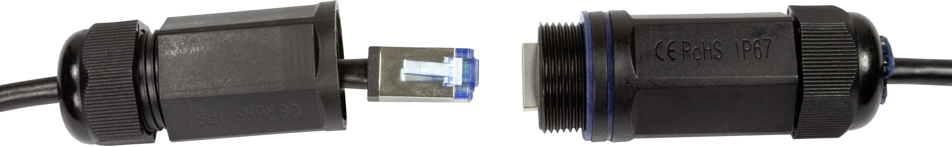 Un robusto sistema di connettori industriali mostra una spina Ethernet inserita in un alloggiamento di chiusura sicuro.