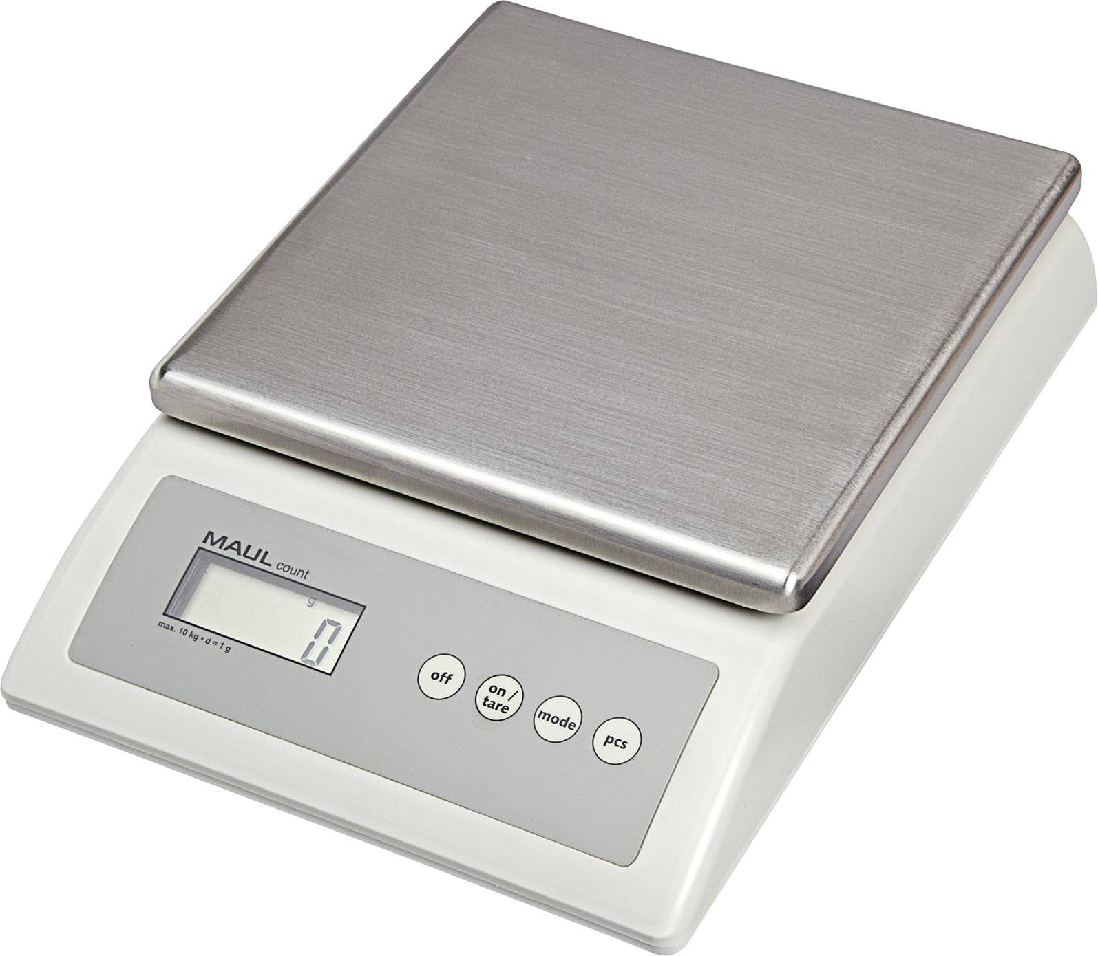 Bilancia elettronica con piattaforma in acciaio inox e display digitale, che mostra '0'. Tasti per accensione/spegnimento, tara, modalità e conteggio pezzi.