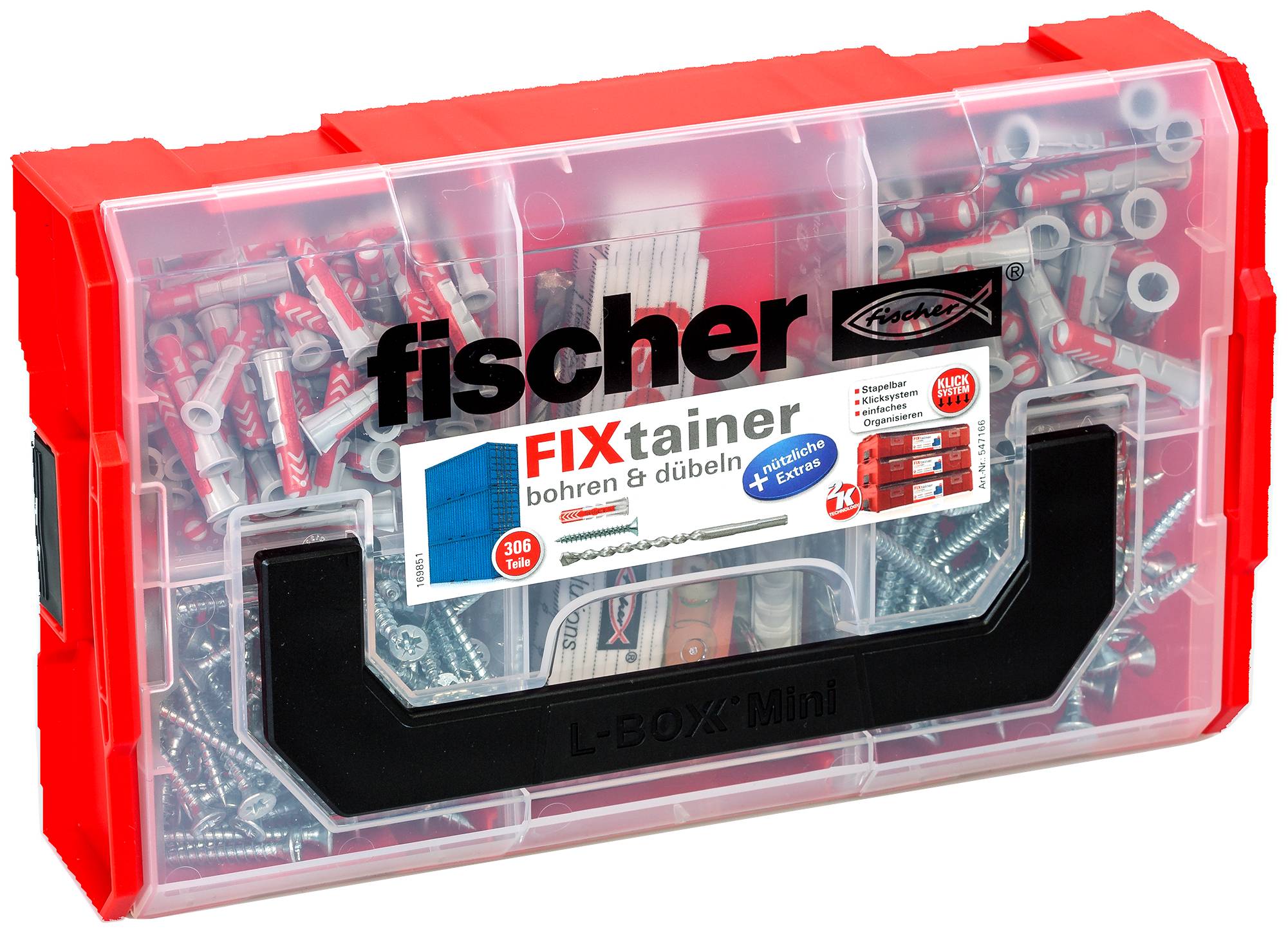 Custodia Fischer FIXtainer in plastica rossa e trasparente riempita di viti assortite e tasselli per muri, un organizzatore di ferramenta per foratura e fissaggio.