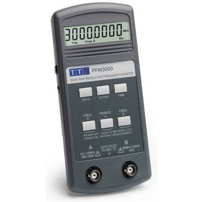 Contatore di frequenza digitale con display grande che mostra 3 GHz. Le funzioni sono indicate sui tasti: intervallo di frequenza, trigger, periodo.