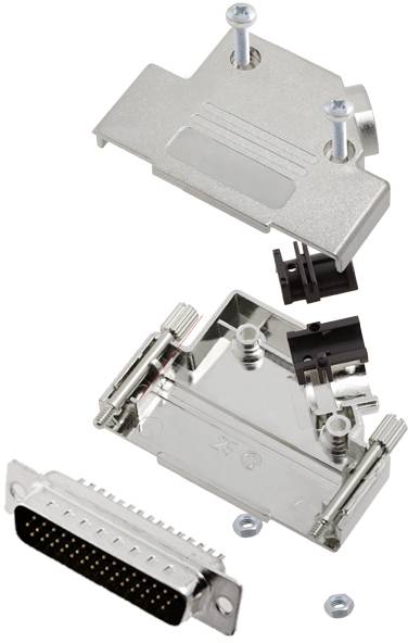 Connettore D-Sub smontato composto da involucro metallico, viti, componenti in plastica e parte di connessione con numerosi pin.