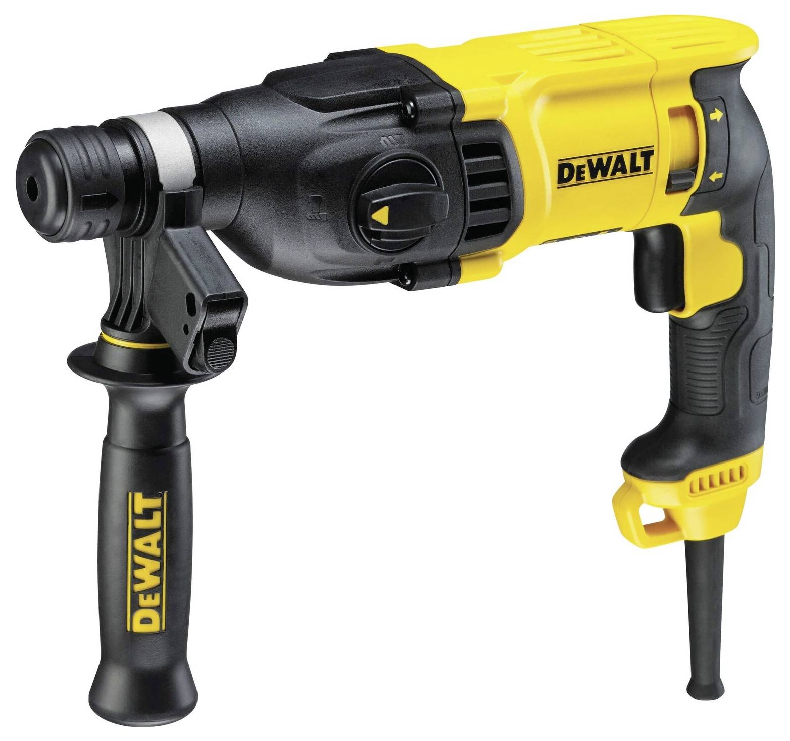 Un martello perforatore DeWalt giallo e nero, posizionato orizzontalmente, con impugnatura supplementare a sinistra e cavo elettrico in basso.