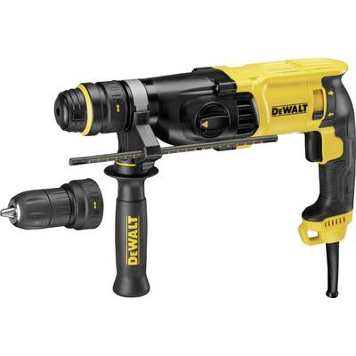 Un martello perforatore giallo e nero DeWalt con mandrino intercambiabile e impugnatura regolabile, adatto per lavori pesanti.