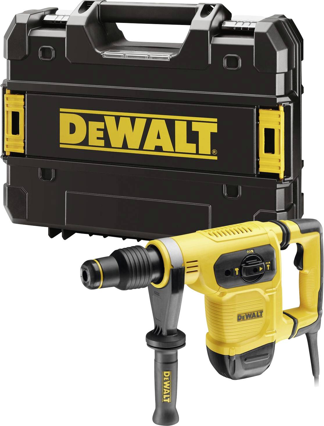 Un martello demolitore giallo con impugnatura nera DeWalt, accanto a una custodia di trasporto nera abbinata con il logo giallo DeWalt.
