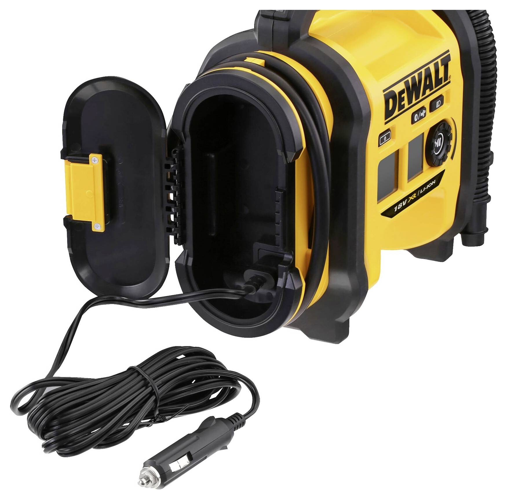 Un compressore d'aria portatile giallo con tubo nero e coperchio, collegato a un cavo di alimentazione con spina per accendisigari per auto.