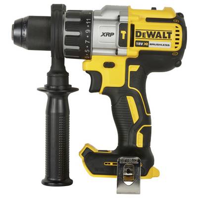 Avvitatore a batteria con impugnatura laterale, design giallo e nero, marca riconoscibile, alto momento torcente, adatto per lavori pesanti.