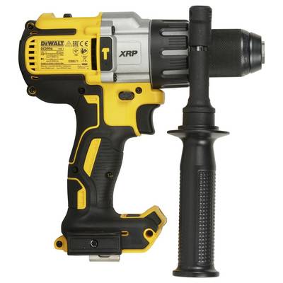 Trapano avvitatore a batteria con custodia giallo-nera, impugnatura supplementare per maggiore stabilità.
