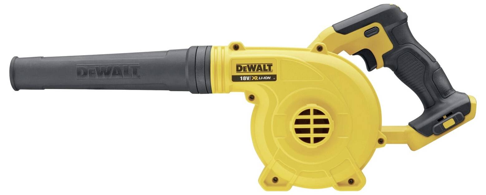 Soffiatore portatile a batteria giallo con impugnatura nera, ideale per la pulizia di aree da giardino.