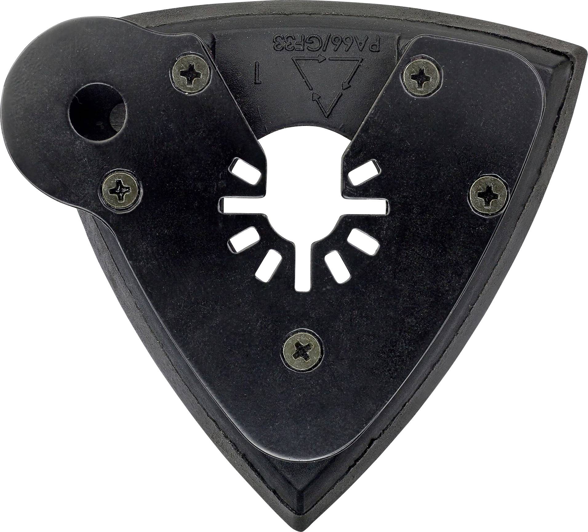 Una piastra triangolare nera in plastica con un foro rotondo e viti, probabilmente parte di un utensile o di una macchina.