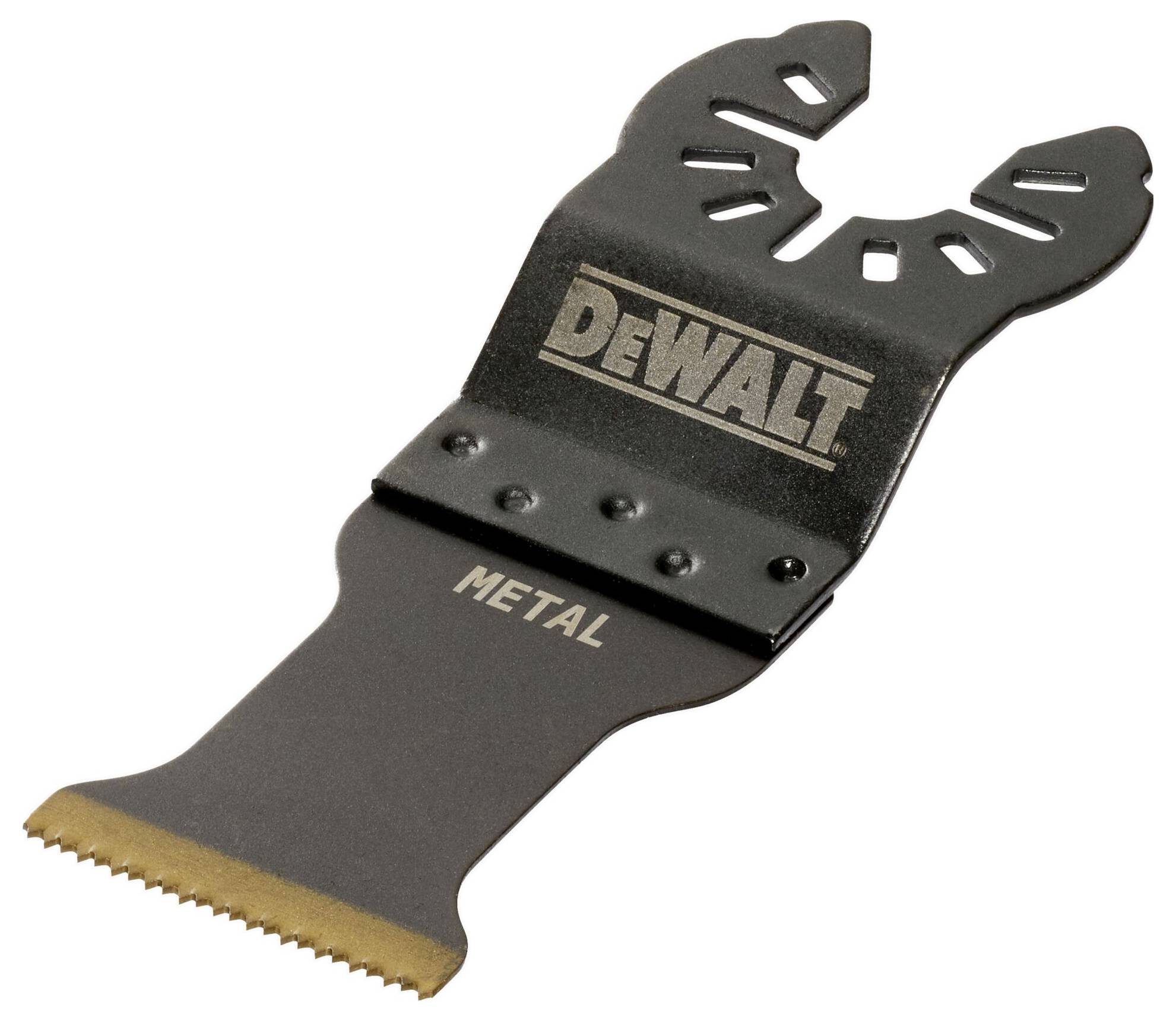'Lama da sega DeWalt per metallo, con bordo dentellato per tagli precisi, design nero con logo DeWalt stampato in alto.'