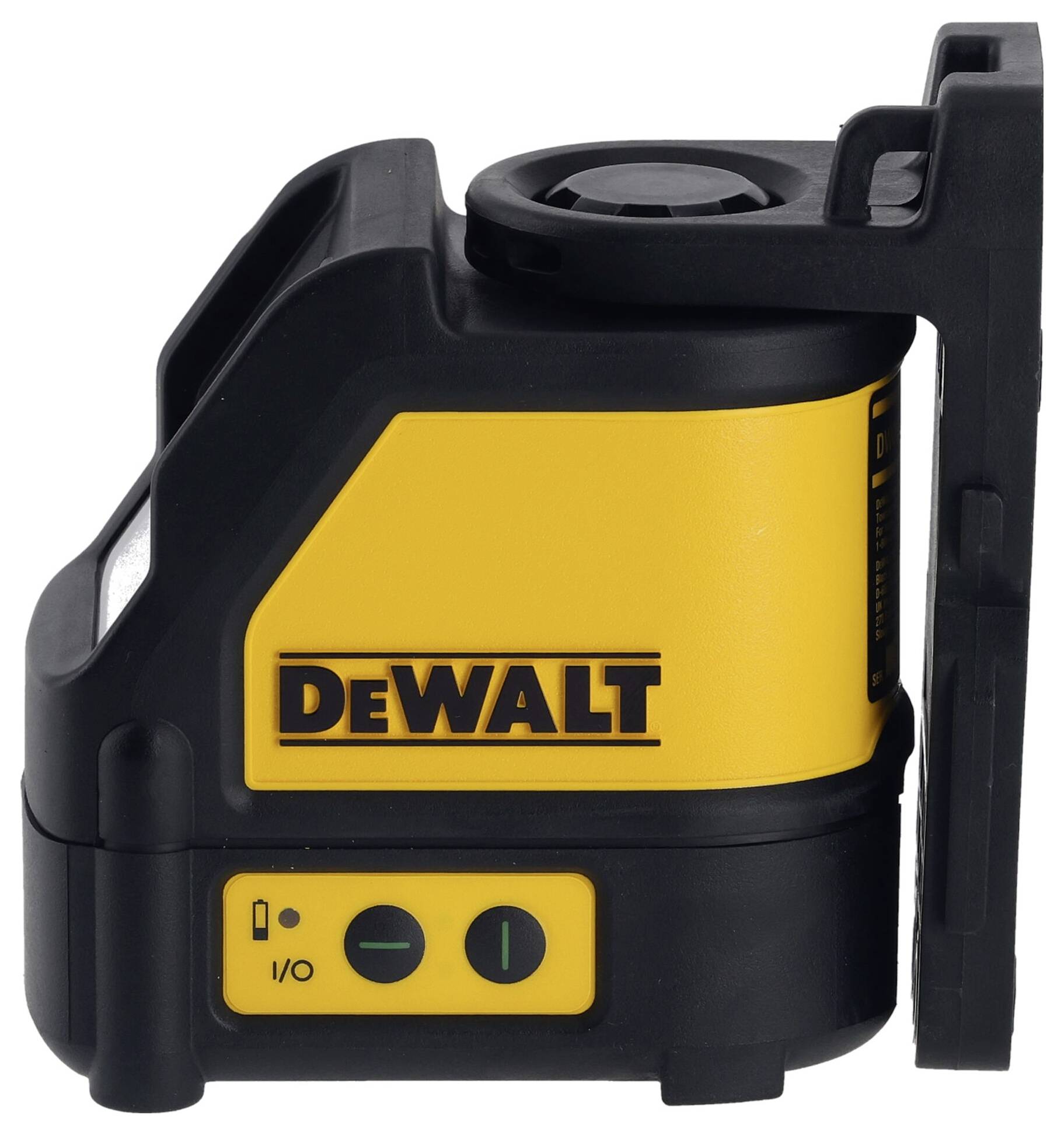 Un dispositivo laser DeWALT giallo con involucro nero. Mostra i comandi sul lato anteriore, adatto per un livellamento preciso.