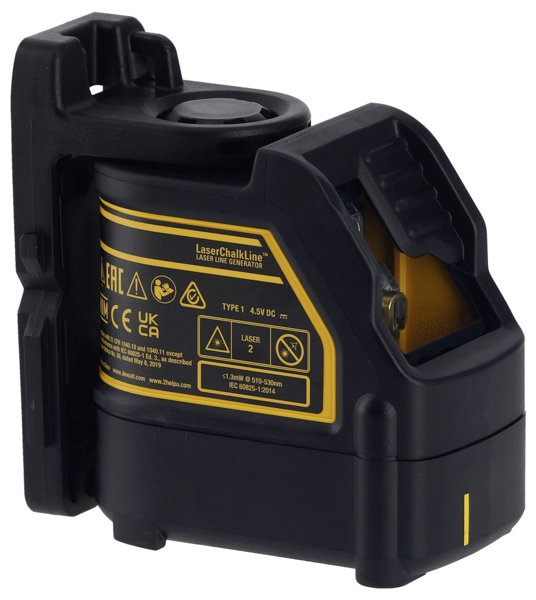 Un dispositivo di livellamento laser nero e giallo con diversi simboli e indicazioni sulla custodia.