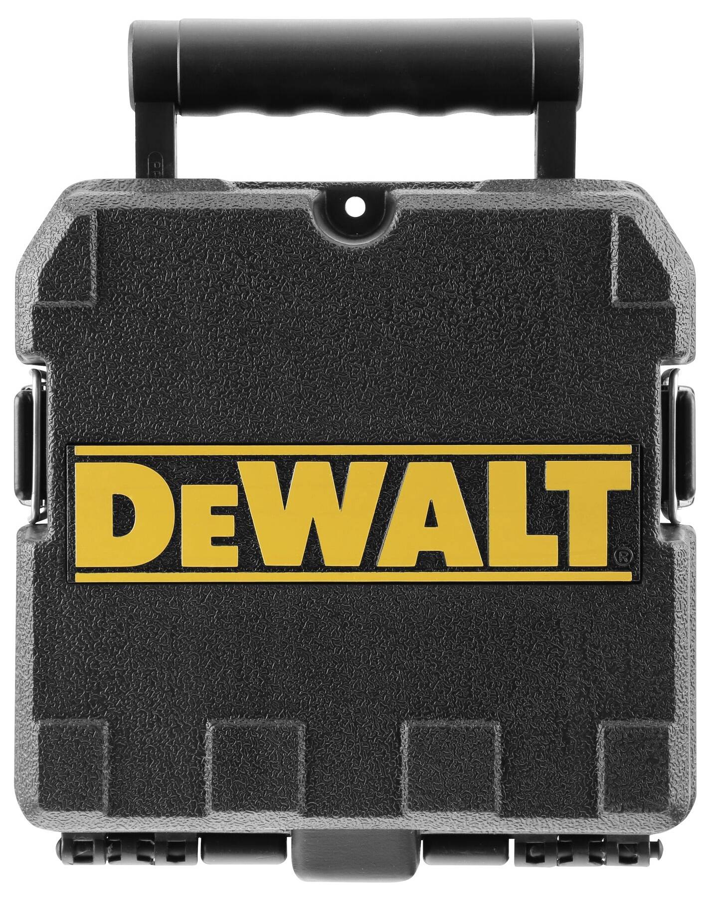 Custodia nera in plastica con logo giallo 'DEWALT' al centro. Impugnatura in alto. Gli utensili vengono conservati qui in modo sicuro.