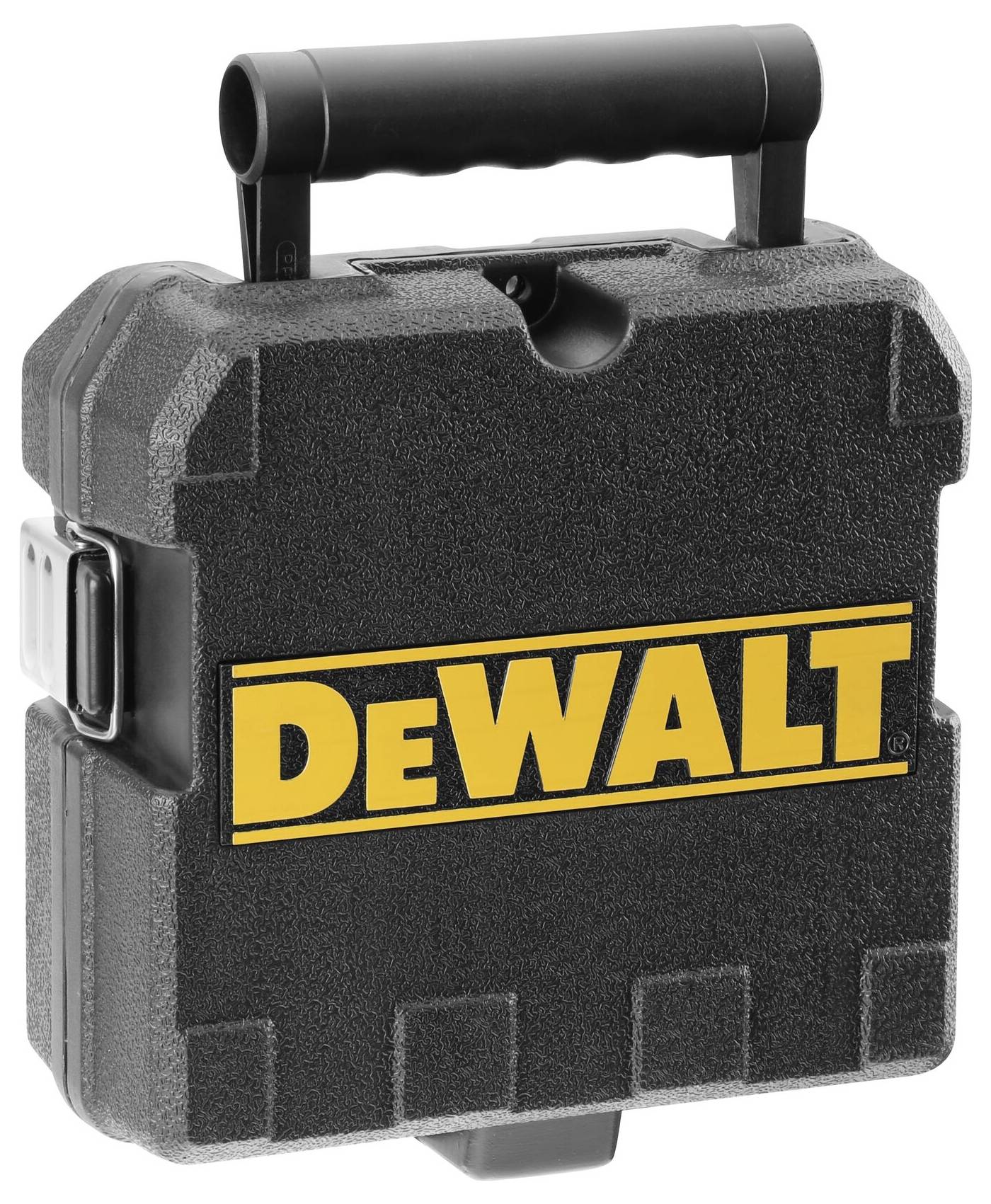 Valigetta degli attrezzi nera con logo giallo 'DeWALT' sulla parte anteriore, dotata di manico superiore per un trasporto agevole.