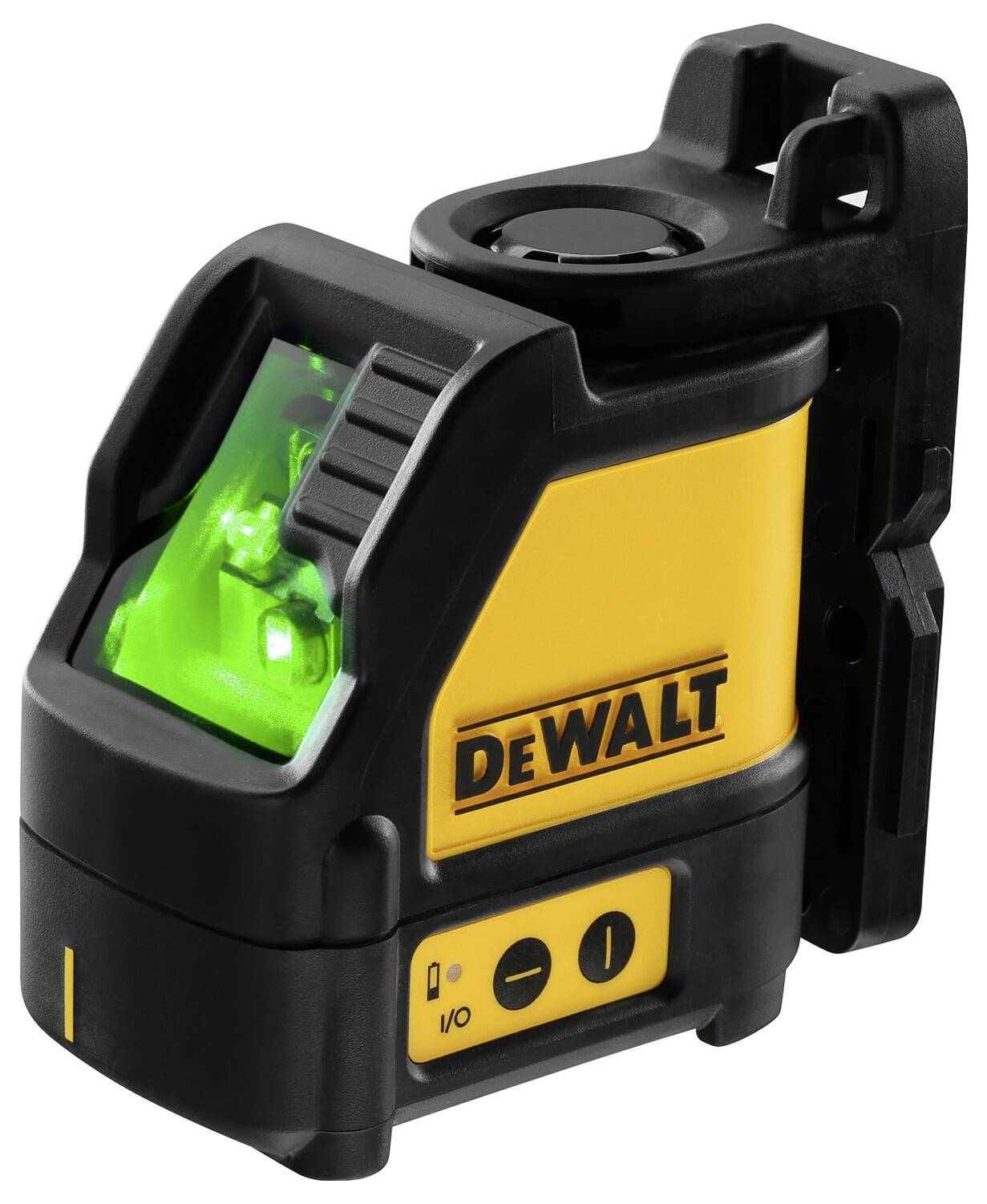 Laser a linee incrociate compatto, giallo-nero con luce verde; portatile e adatto ad applicazioni edili e di misurazione.