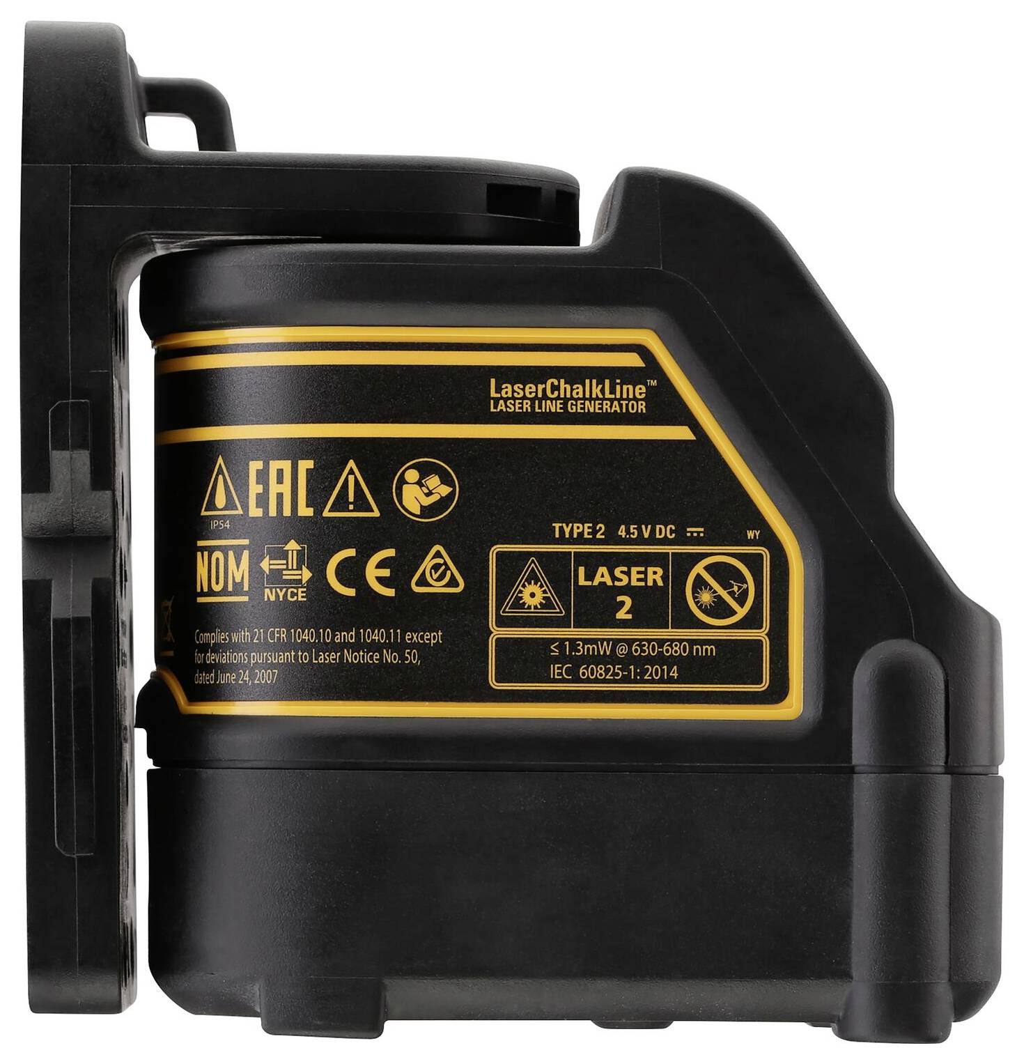 Un generatore di linee laser con simboli di sicurezza gialli e specifiche, tra cui 'Laser' e '4,5V DC'.